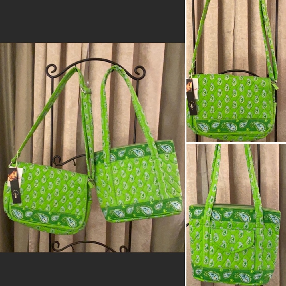 NWT Candice Los Angeles Sweetheart 2-Piece Quilted Bag Set – Lime Green Paisley